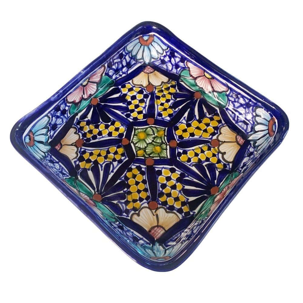 Colorful Mexican Talavera Hand Painted Square Pottery Dish 8.25” Width 2” Deep